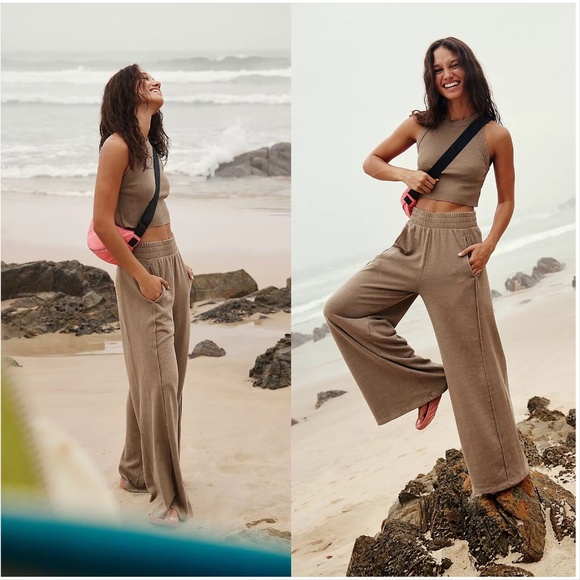 FP Movement Go To Matching Set Color Fossil Brown Wide Leg Pants Small - Picture 1 of 10